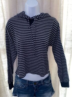 Hollister Navy and White Striped Cropped Hoodie